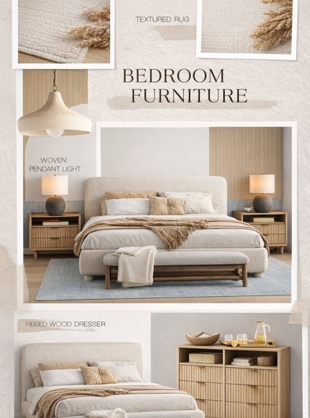 A structured 3:4 collage showcasing a bedroom furniture suite including a textured rug, woven pendant light, and ribbed wood dresser.