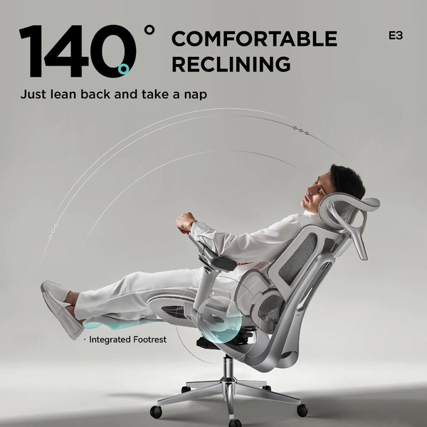 A clean, minimalist product ad showcasing the 140-degree reclining feature of an ergonomic office chair with an integrated footrest.