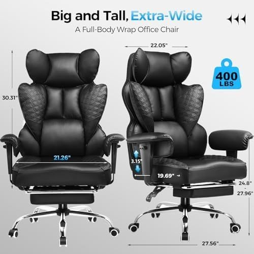 A high-conversion 1_1 ad creative comparing the dimensions and weight capacity of a heavy-duty office chair to emphasize ergonomic comfort.