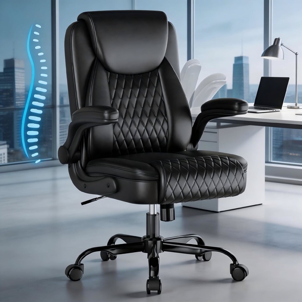 A high-end ergonomic office chair is displayed in a bright modern office, highlighted by a glowing blue spinal graphic to emphasize comfort features.