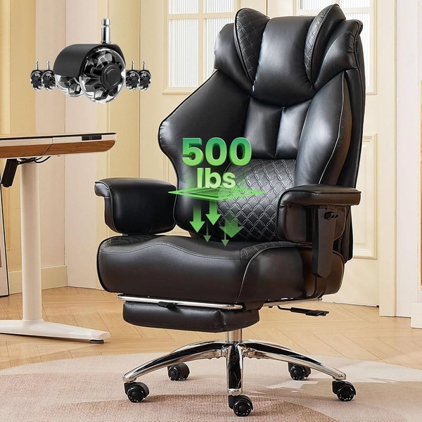 A clean studio-style product shot featuring an ergonomic office chair with a floating 500 lbs capacity call-out and a close-up of the chair's wheels.