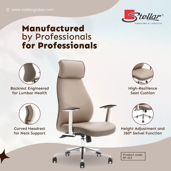 A clean, studio-lit ad layout showcasing an office chair with specific feature annotations for comfort and adjustability.