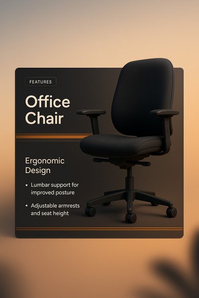 A high-contrast, professional product ad showcasing key ergonomic features of an office chair against a soft gradient background.