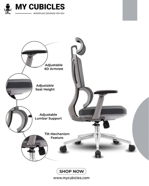 This ad creative uses a clean, white-background product shot paired with clear annotations to highlight the specific ergonomic features of an office chair.