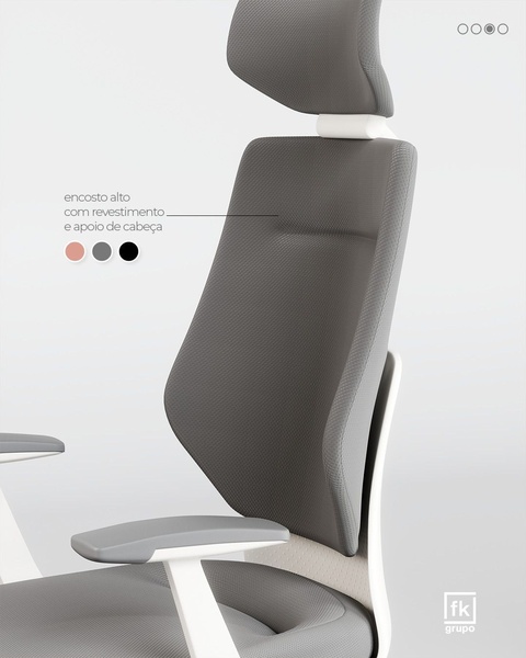 A high-end product shot of an office chair with focused annotations highlighting its adjustable backrest and headrest design.