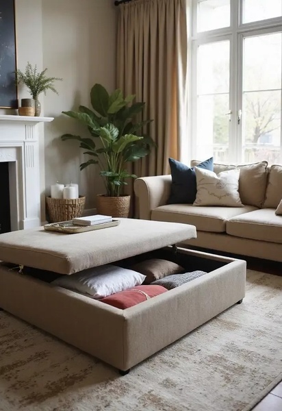 A high-quality lifestyle image demonstrating the hidden storage functionality of a neutral-toned ottoman in a well-styled living room.