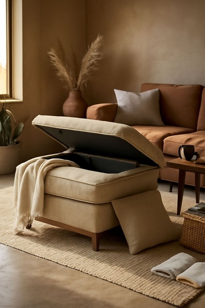 A high-quality lifestyle shot featuring an open storage ottoman in a warm, neutral-toned living room, emphasizing functional elegance.