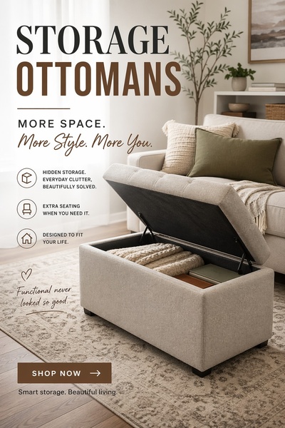 A clean, minimalist 2:3 vertical ad featuring an open storage ottoman in a cozy, staged living room setting with clear bullet-pointed value propositions.