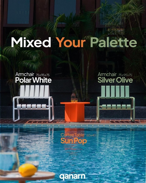 A high-end outdoor armchair advertisement featuring a vibrant color-coded palette set beside a swimming pool.