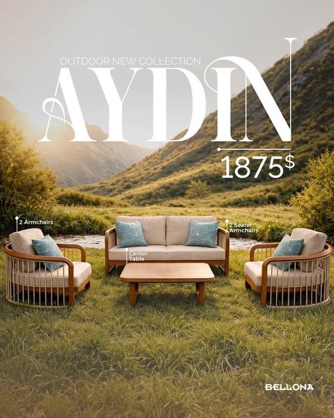 An aspirational lifestyle image showcasing a complete 5-piece outdoor furniture set in a golden-hour mountain meadow setting.