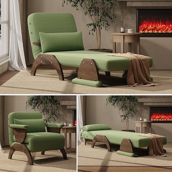 A tri-fold grid layout demonstrating the transition of a modern convertible chair into a flat sleeper, set in a cozy living room environment.