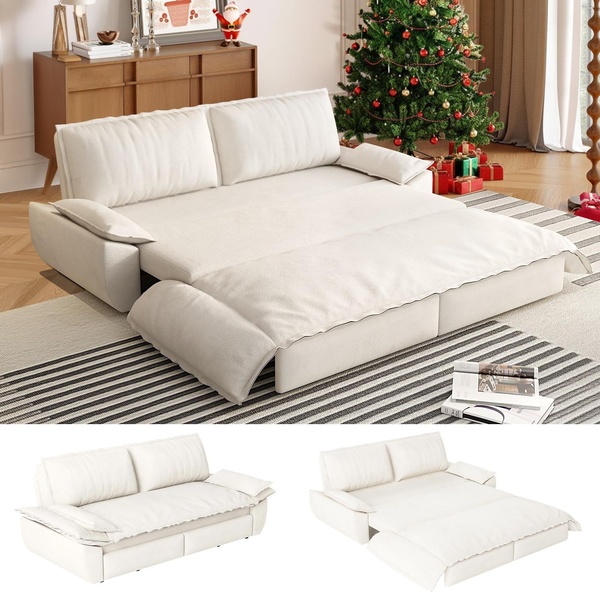 A high-quality lifestyle shot showing a clean, white sofa bed in a living room during the holidays.