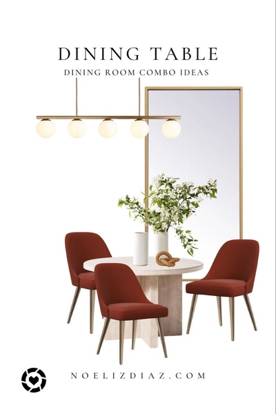 A high-end, minimalist lifestyle mockup featuring a round dining table, mid-century modern chairs, and an elegant brass light fixture.