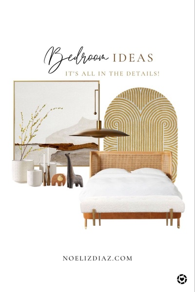 A curated, high-end bedroom furniture mood board featuring a cane headboard, abstract art, and warm-toned decor accessories.