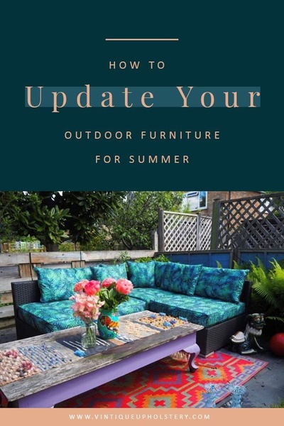 A vertical ad creative featuring a refreshed outdoor seating area with tropical patterns, intended to inspire seasonal home updates.