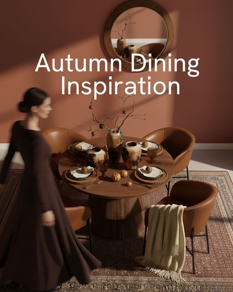 dining table set, round dining table, dining room furniture, dining chairs, kitchen table set, brand awareness, new arrival, lifestyle, editorial, luxurious, warm, brown, orange, neutral