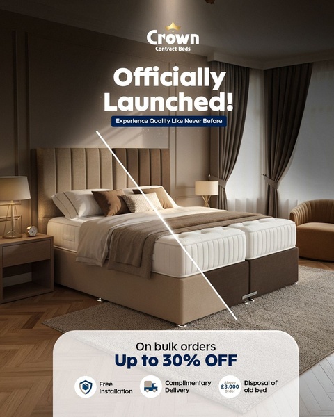A high-end 4:5 ratio ad for contract beds, emphasizing premium product quality and specific bulk order incentives like free installation.