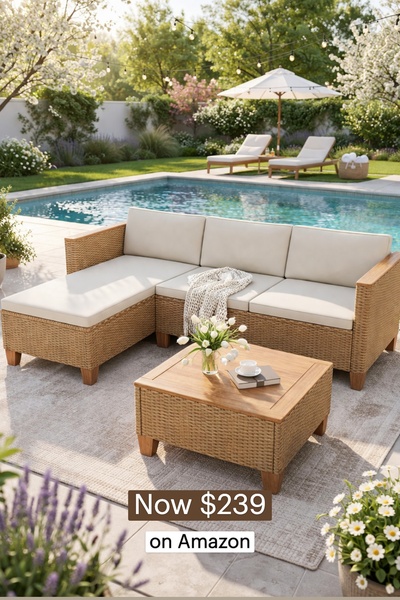 An outdoor patio sofa set positioned next to a pool, showcasing a clear seasonal discount and a price-anchored offer.