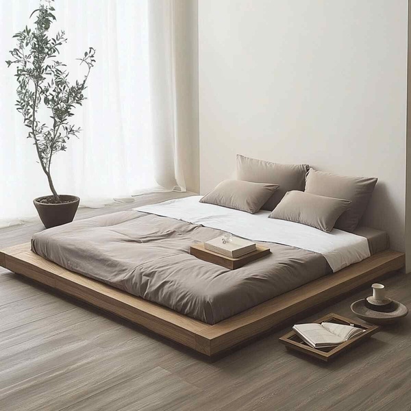 A high-end, serene shot of a wooden floor platform bed in a bright, airy room setting.