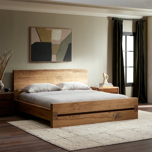 A clean, lifestyle-focused product shot of a solid wood platform bed in a serene bedroom setting, emphasizing craftsmanship and natural textures.