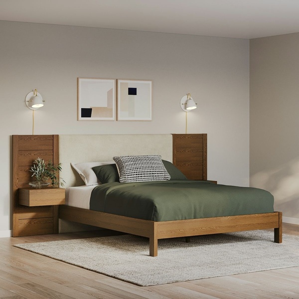 A high-end, lifestyle-focused ad featuring a modern wooden bed frame in a minimalist, warm-toned bedroom setting.