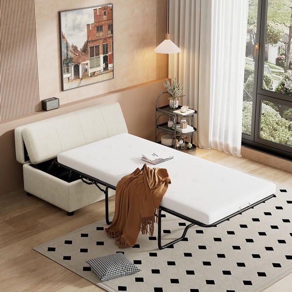 A high-angle studio shot highlighting the transformation of a compact, neutral-toned sofa bed from seat to sleeping surface.