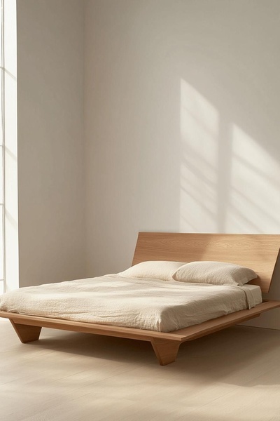 A high-end, clean photograph of a wooden platform bed in a brightly lit, minimalist room with natural sunlight.