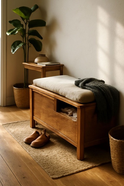 A warm, natural-lit photograph of a wooden storage bench in a cozy corner, emphasizing a clean aesthetic and functional home design.