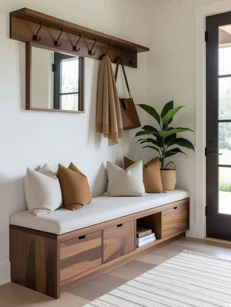 A high-quality image of an organized, minimalist entryway featuring a wooden storage bench, decorative pillows, and wall-mounted hooks.