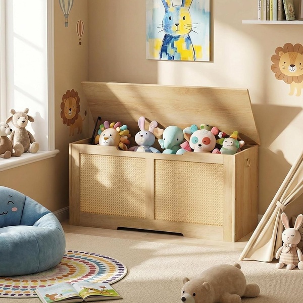 A high-quality lifestyle shot featuring a wooden toy storage box placed in a decorated child's playroom to showcase organization and interior design harmony.