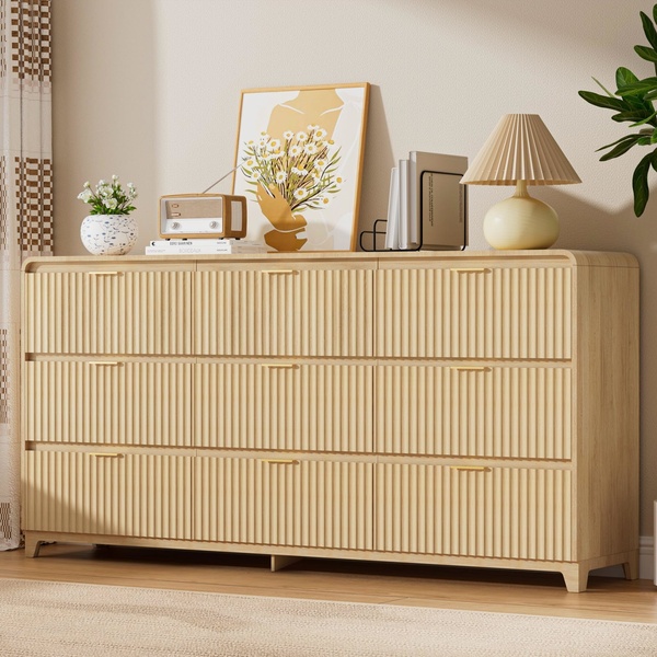 A high-quality 1:1 ratio product hero shot of a modern wooden dresser, styled with home decor to evoke a warm, aspirational lifestyle.