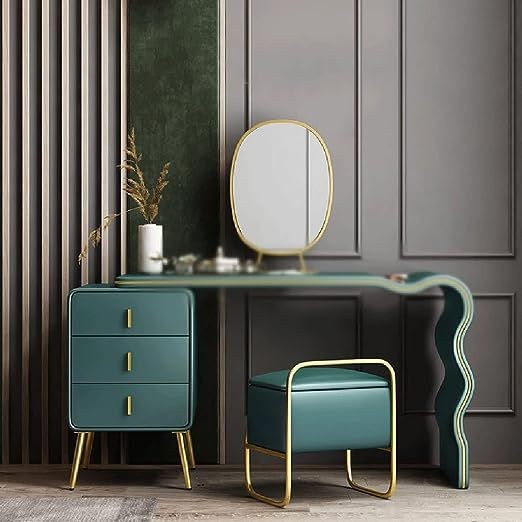 vanity desk, makeup table, dressing table, vanity with mirror, bedroom vanity, bestseller push, minimalist, editorial, luxurious, calm, green, neutral, gold