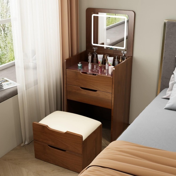 vanity table, makeup desk, dressing table, vanity with mirror, bedroom vanity, bestseller push, lifestyle, minimalist, calm, trustworthy, brown, neutral