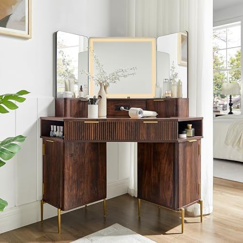 makeup vanity, vanity desk, dressing table, lighted vanity, bedroom vanity, makeup table, new arrival, lifestyle, calm, luxurious, brown, neutral