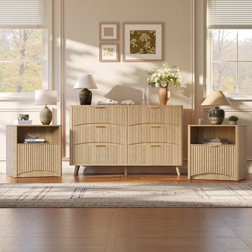 This creative showcases a modern, fluted-wood bedroom furniture set, including a central dresser and two matching nightstands, in a neutral-toned, sunlit room.