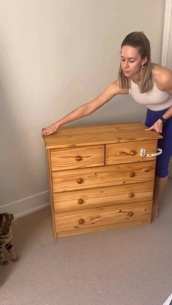 A high-quality 9:16 vertical video frame featuring a user demonstrating the stability and safety of a wooden dresser with a pet present in the shot.