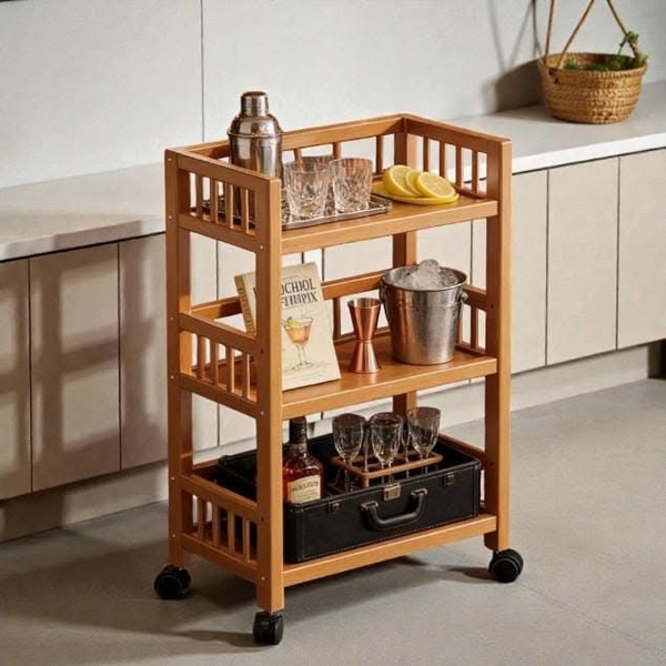 A high-quality lifestyle shot featuring a wooden bar cart styled with glassware, a shaker, and an ice bucket, emphasizing a premium home-entertaining vibe.
