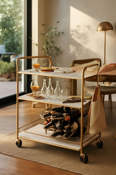A high-end, aesthetic capture of a gold-toned bar cart staged in a sunlight-filled modern room to emphasize lifestyle appeal.
