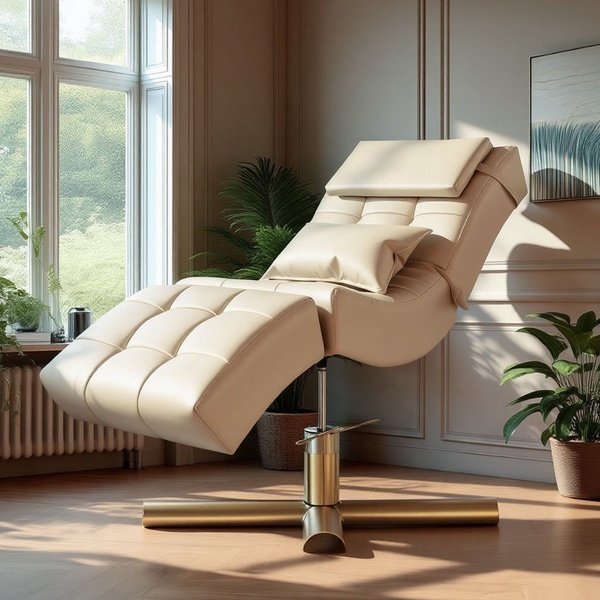 A high-end square format ad featuring a neutral-toned massage recliner in a sunlit, sophisticated room setting.