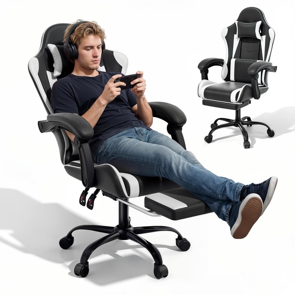 This creative features a split-layout showing a model actively using the gaming chair for comfort alongside a standalone product render to highlight build quality.