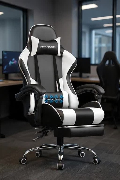 A high-fidelity studio product shot of a black and white ergonomic gaming chair, displayed in a clean, professional office environment to emphasize build quality.