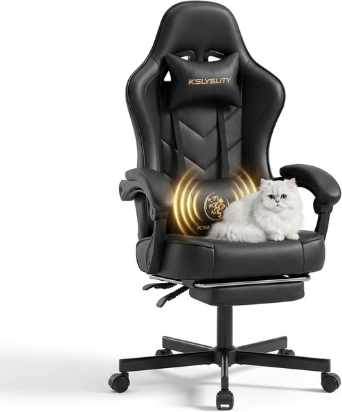 A high-quality product hero shot featuring a gaming chair with an integrated massage lumbar cushion, highlighted by the presence of a pet to signify comfort.