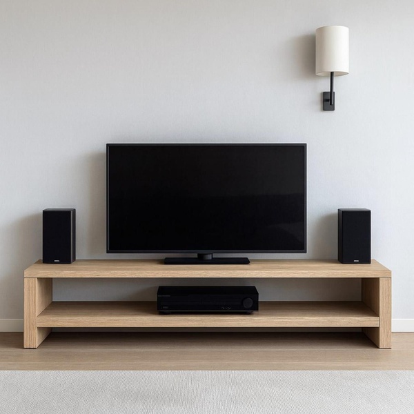 A clean, studio-lit photograph of a light oak TV stand featuring a black television and two audio speakers on a neutral background.