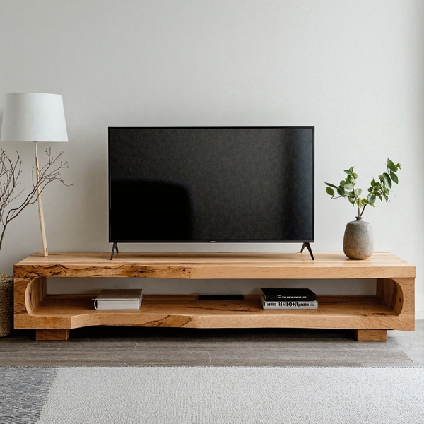 A clean, studio-lit image of a live-edge wooden TV stand, emphasizing texture, quality, and a premium home environment.