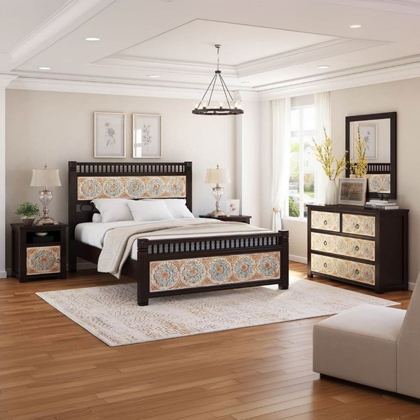 A professionally staged 1_1 image of a bedroom furniture set, featuring a bed frame, nightstand, and dresser with decorative tile accents.