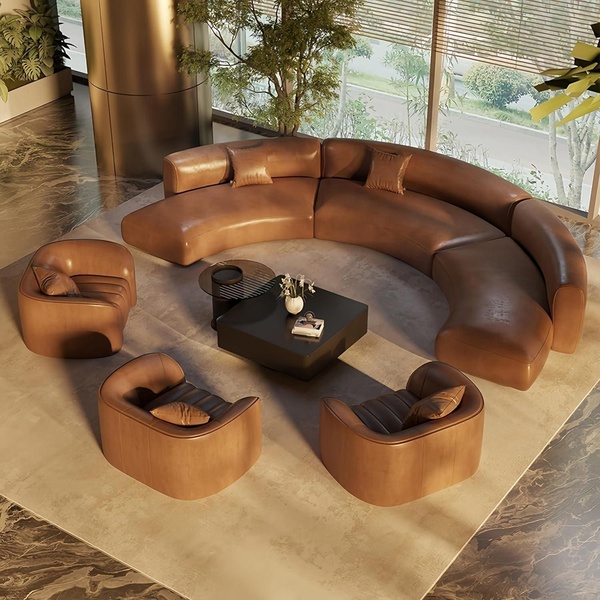A high-end 3D-rendered studio shot of a brown leather curved sectional sofa paired with matching accent chairs and a black coffee table.