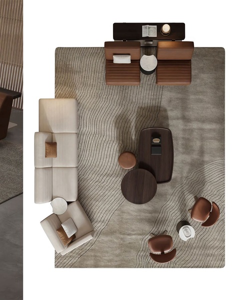 A top-down view of a sophisticated living room arrangement featuring neutral tones, modular seating, and elegant wood coffee tables on a textured rug.