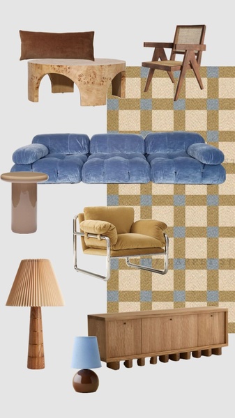 A high-end flat lay presentation of living room furniture items including a sofa, accent chairs, coffee table, and lamps.
