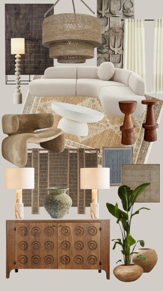 A high-end lifestyle collage featuring a modular sofa, textures, and artisanal decor elements designed to evoke a cohesive, luxury living room aesthetic.