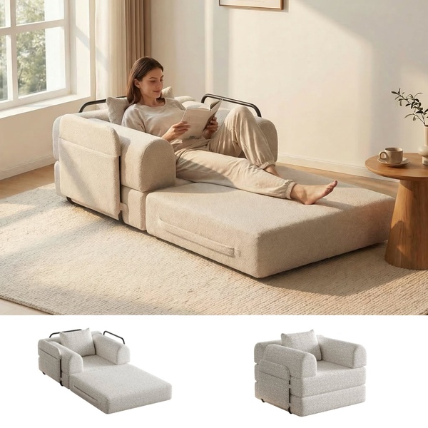 A high-quality lifestyle shot showing a woman reading on a convertible sofa chair, showcasing its versatility and compact design.